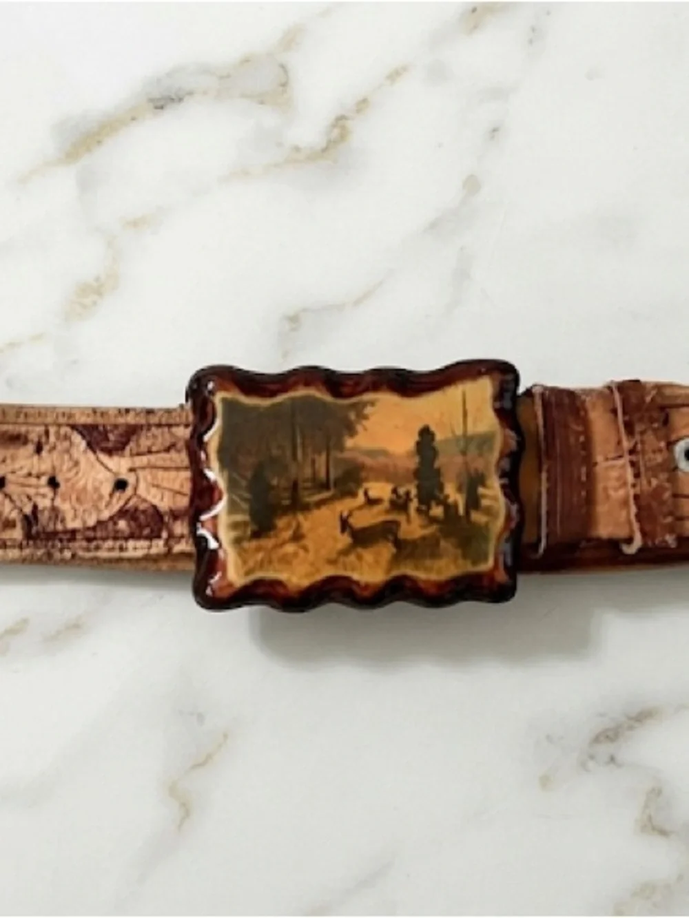 Vintage Tooled Leather Belt • Handmade Wood Resin Deer Buckle • Boho Western